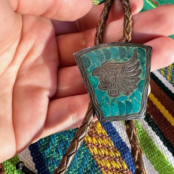 VINTAGE Mexican Sterling & Malachite Bolo Tie - Picture 2 of 7